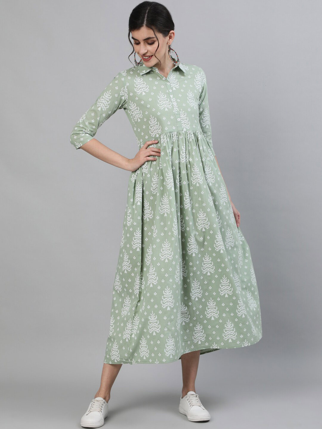 KIMAYRA Green & White Ethnic Motifs A-Line Midi Dress