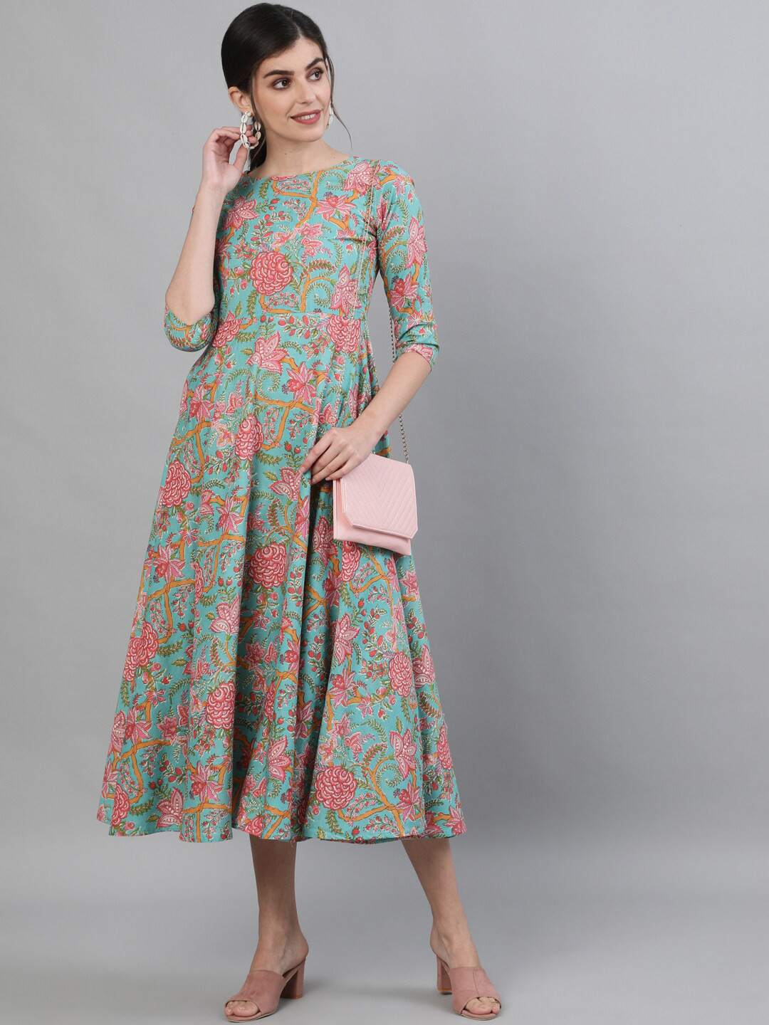 KIMAYRA Olive Green Floral A-Line Midi Dress