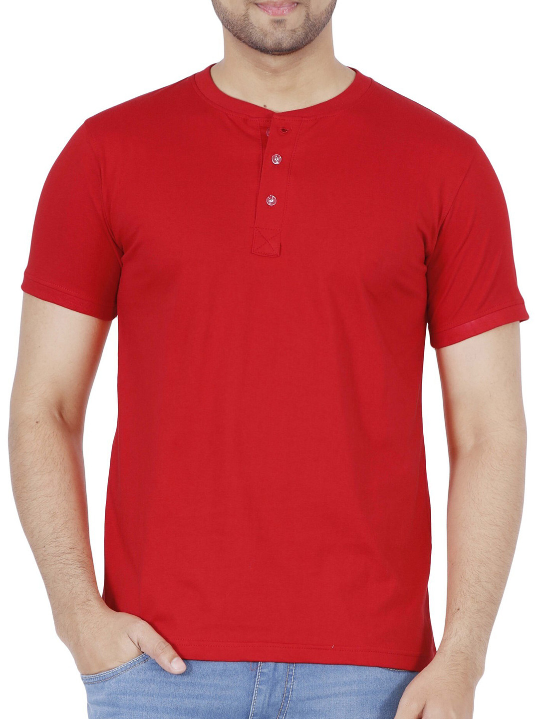 Fleximaa Men Red Henley Neck T-shirt