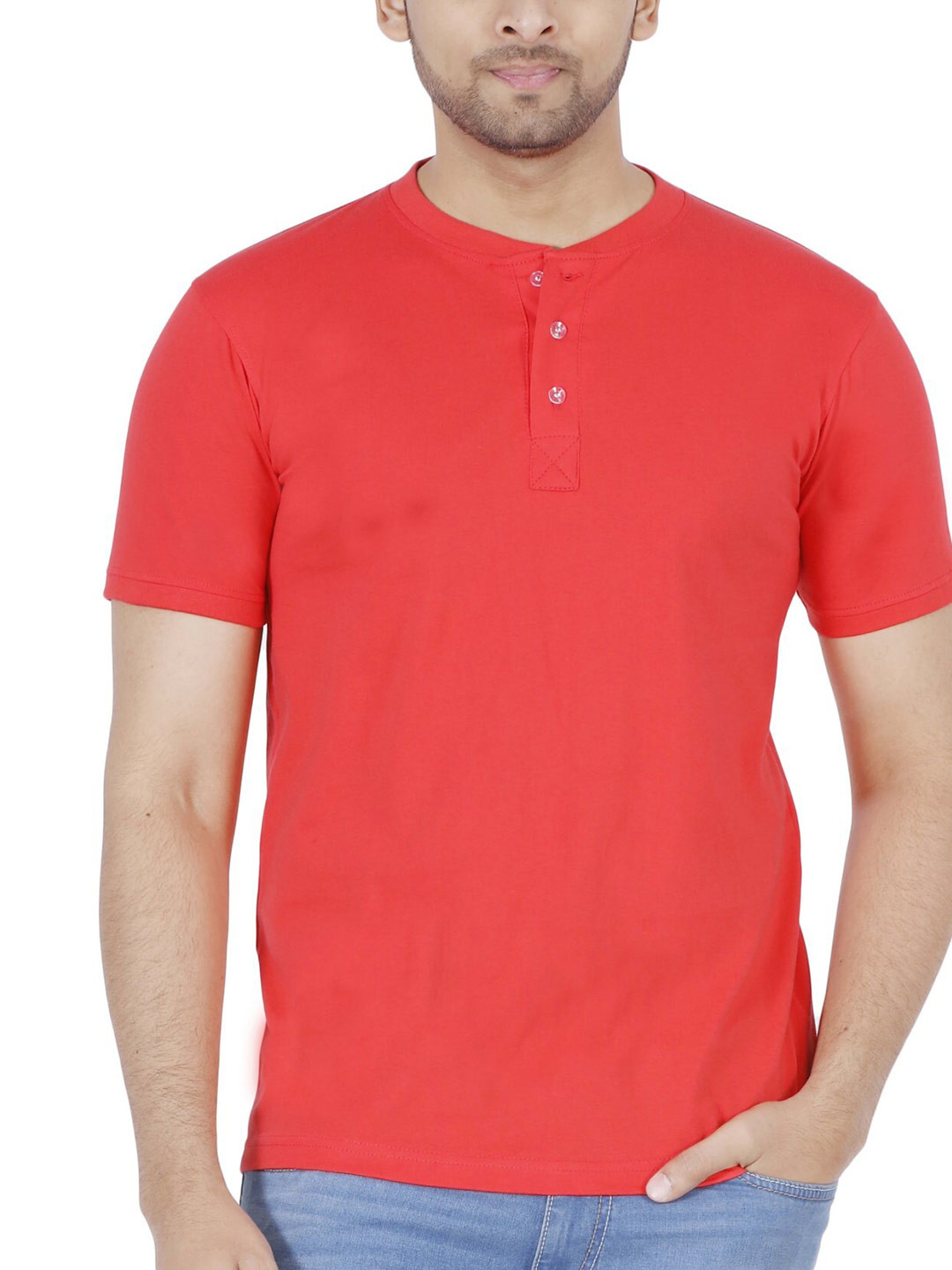 Fleximaa Men Coral & emberglow Henley Neck T-shirt