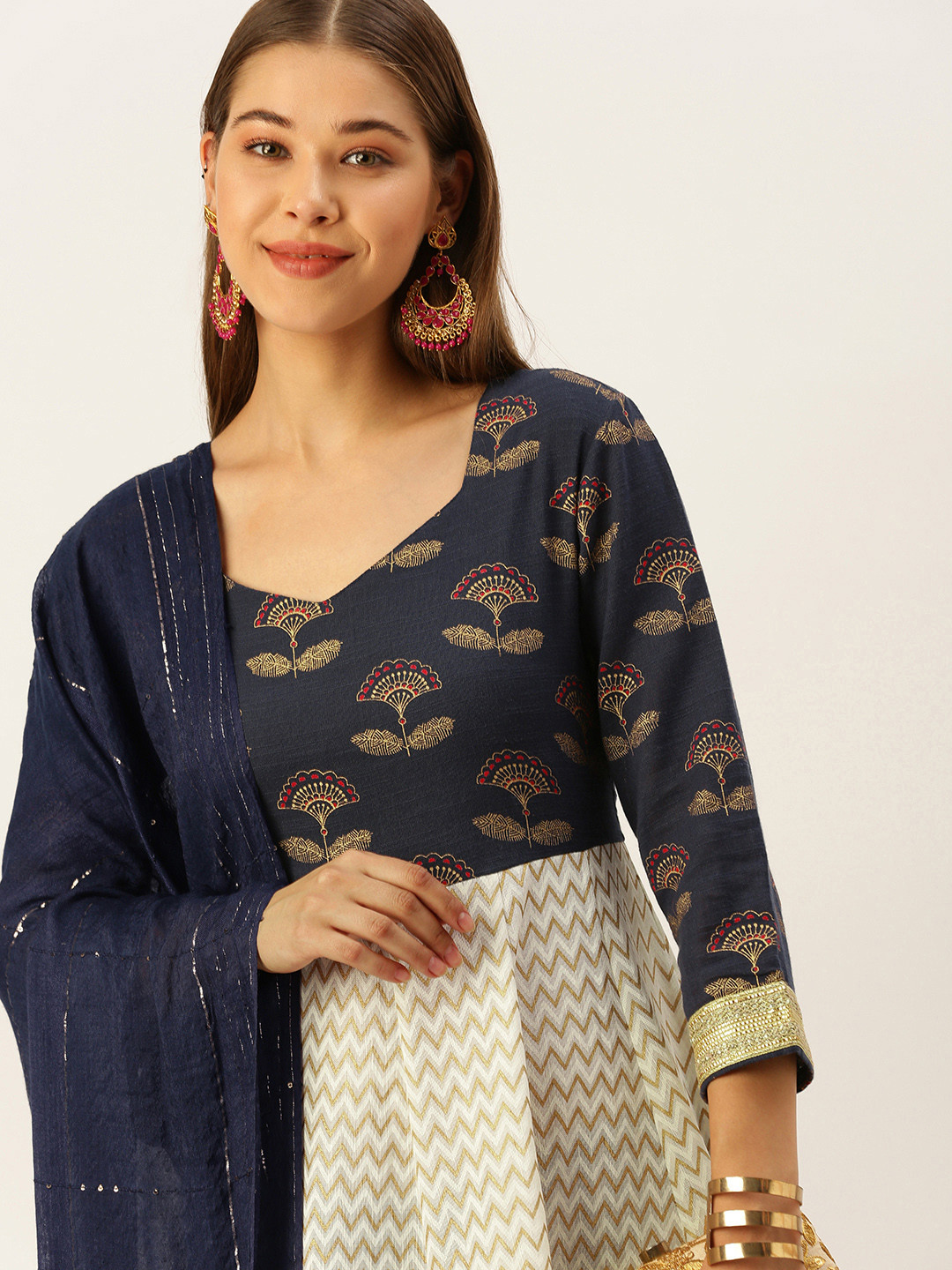 MAAND Women White & Navy Blue Chevron & Floral Print Cotton Anarkali Kurta with Dupatta