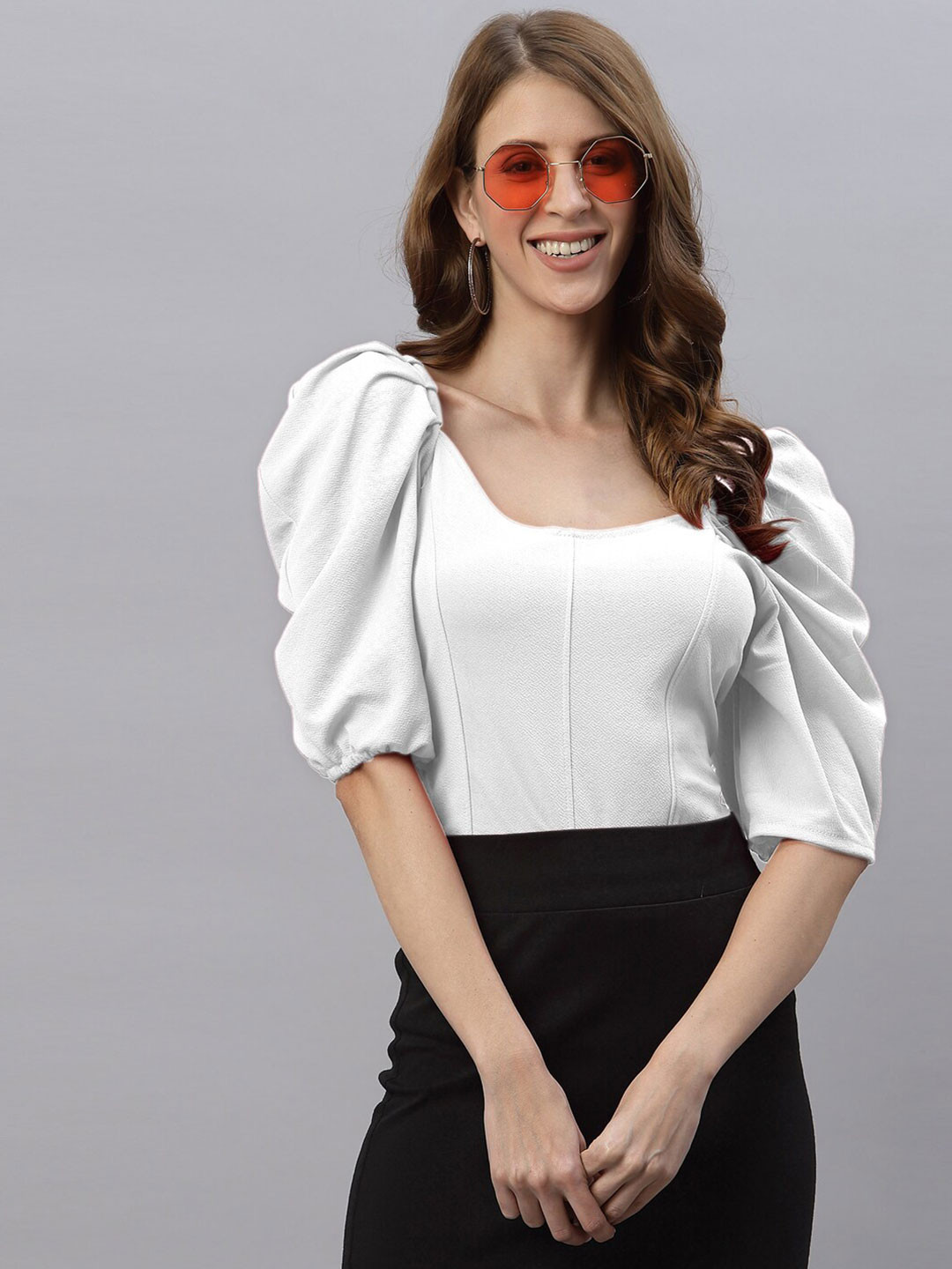 Selvia White Solid Puff Sleeves Regular Top