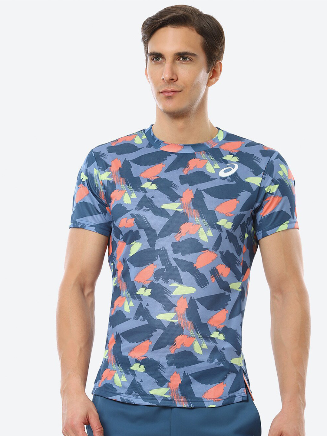 ASICS Match Graphic SS Men Blue Peach-Coloured Printed Tennis T-shirt