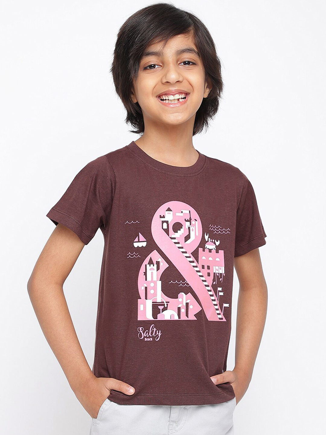 TALES & STORIES Boys Brown Printed Extended Sleeves T-shirt