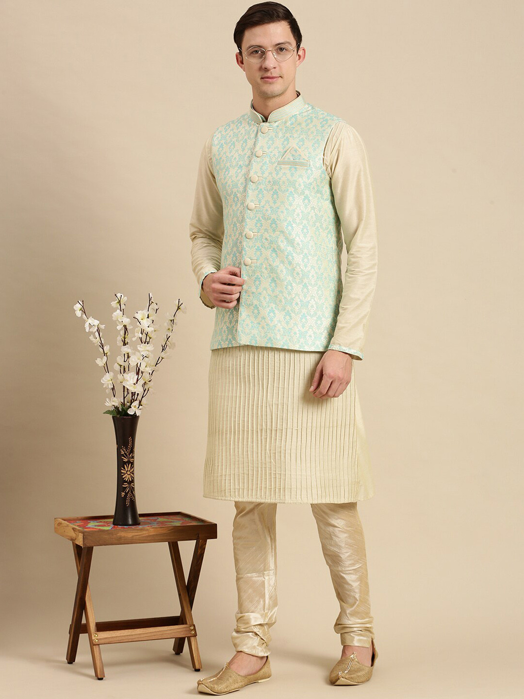 Here&Now X Sanwara  Men Green Floral Kurta Nehru Jacket Set with Churidar