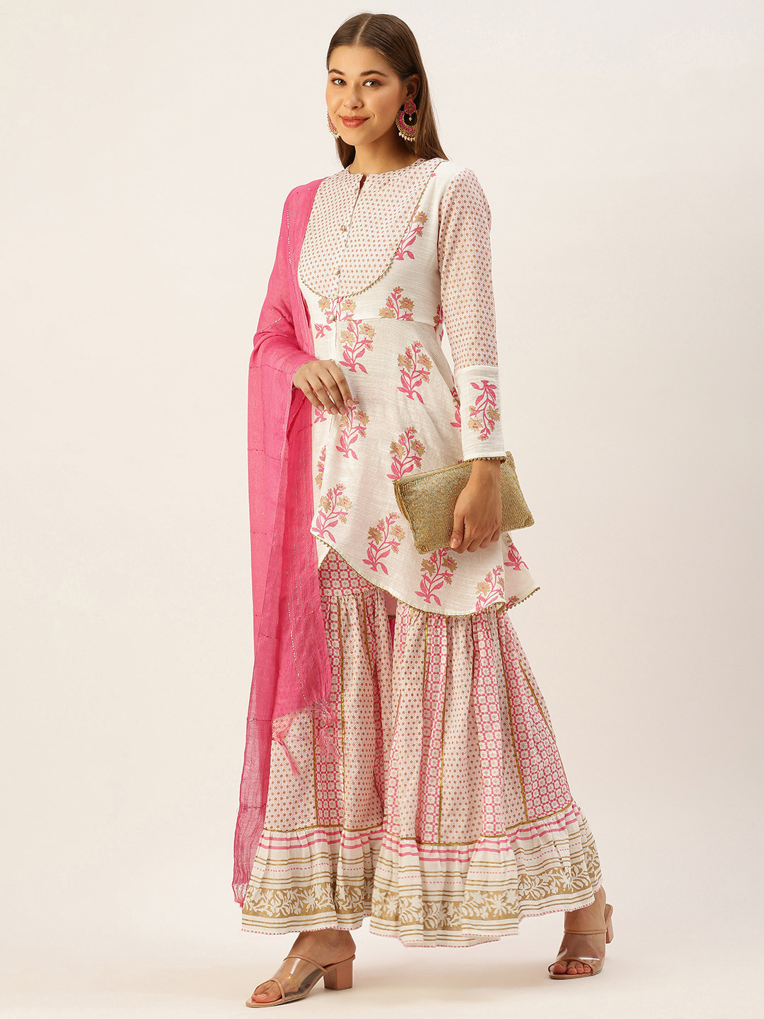 MAAND Women White & Pink Floral Printed A-Line Kurti with Sharara & With Dupatta