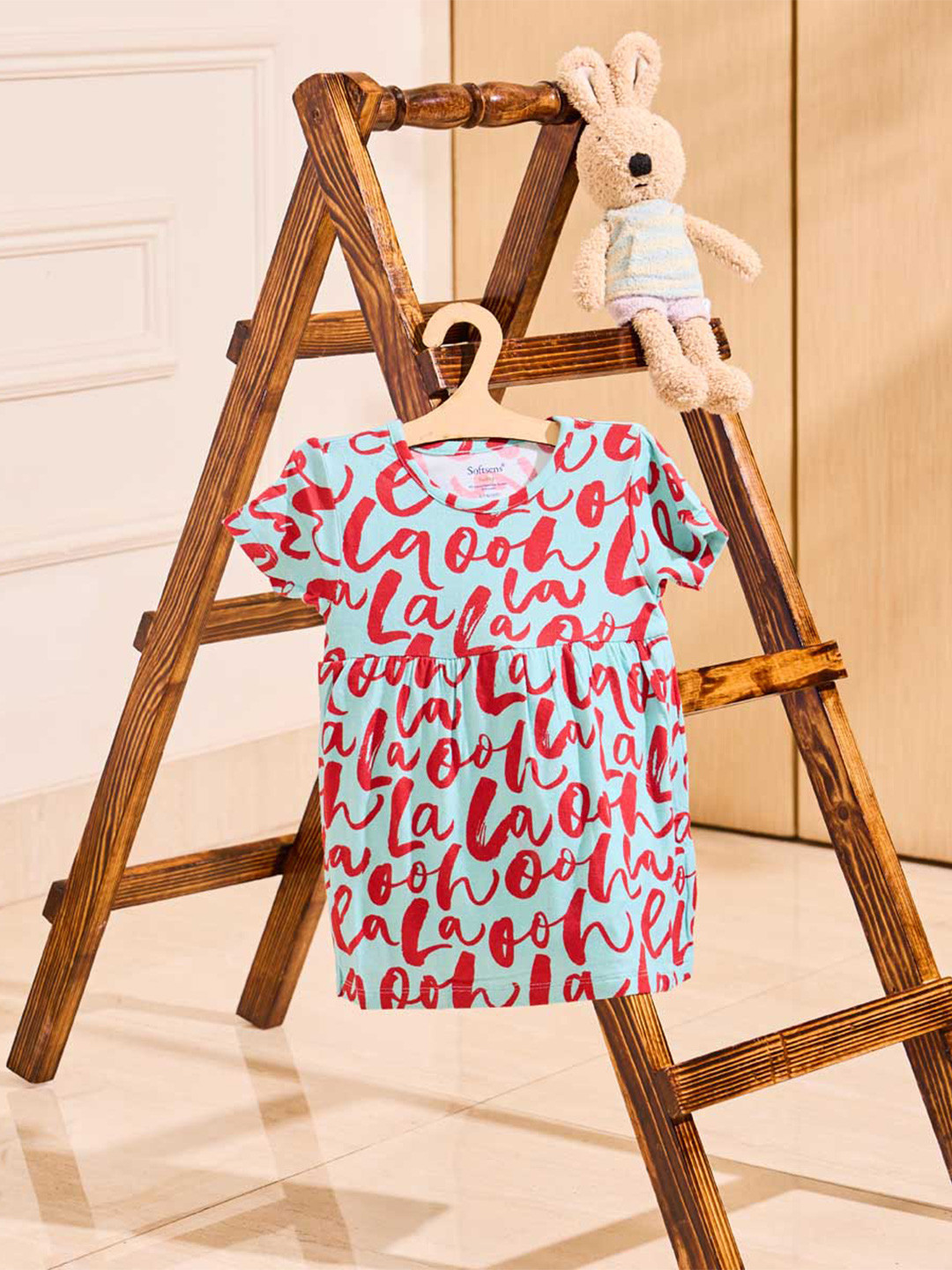 Softsens Girls Green Printed Bodysuit Dress