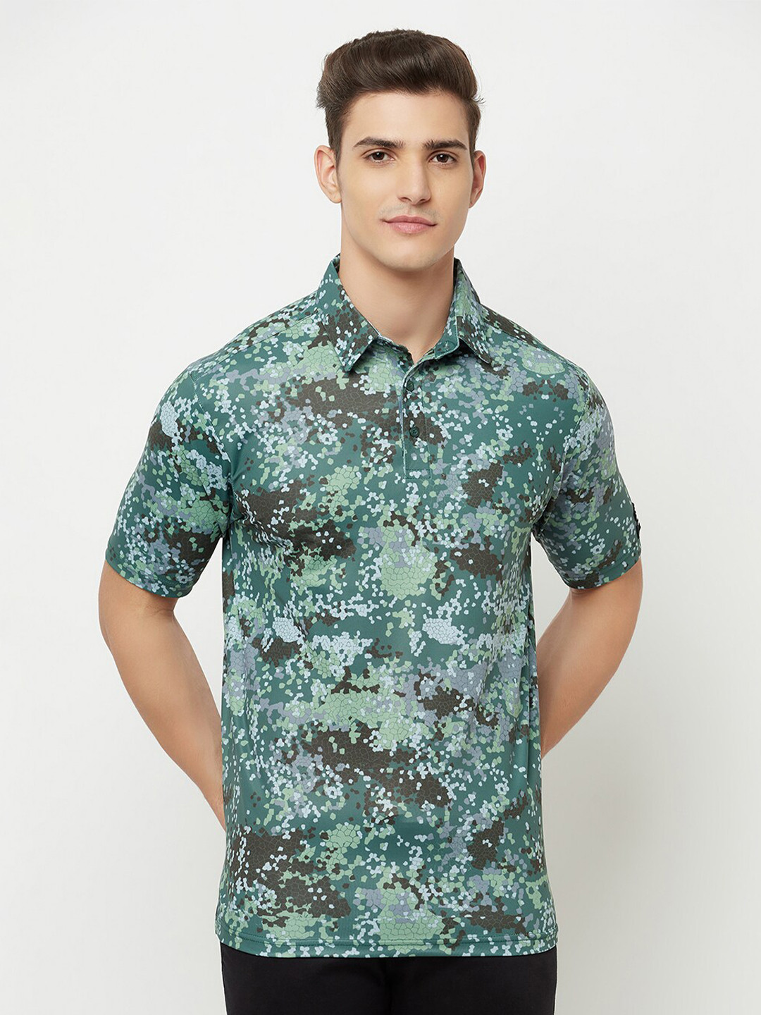 Truerevo Men Green Floral Printed Polo Collar Running T-shirt