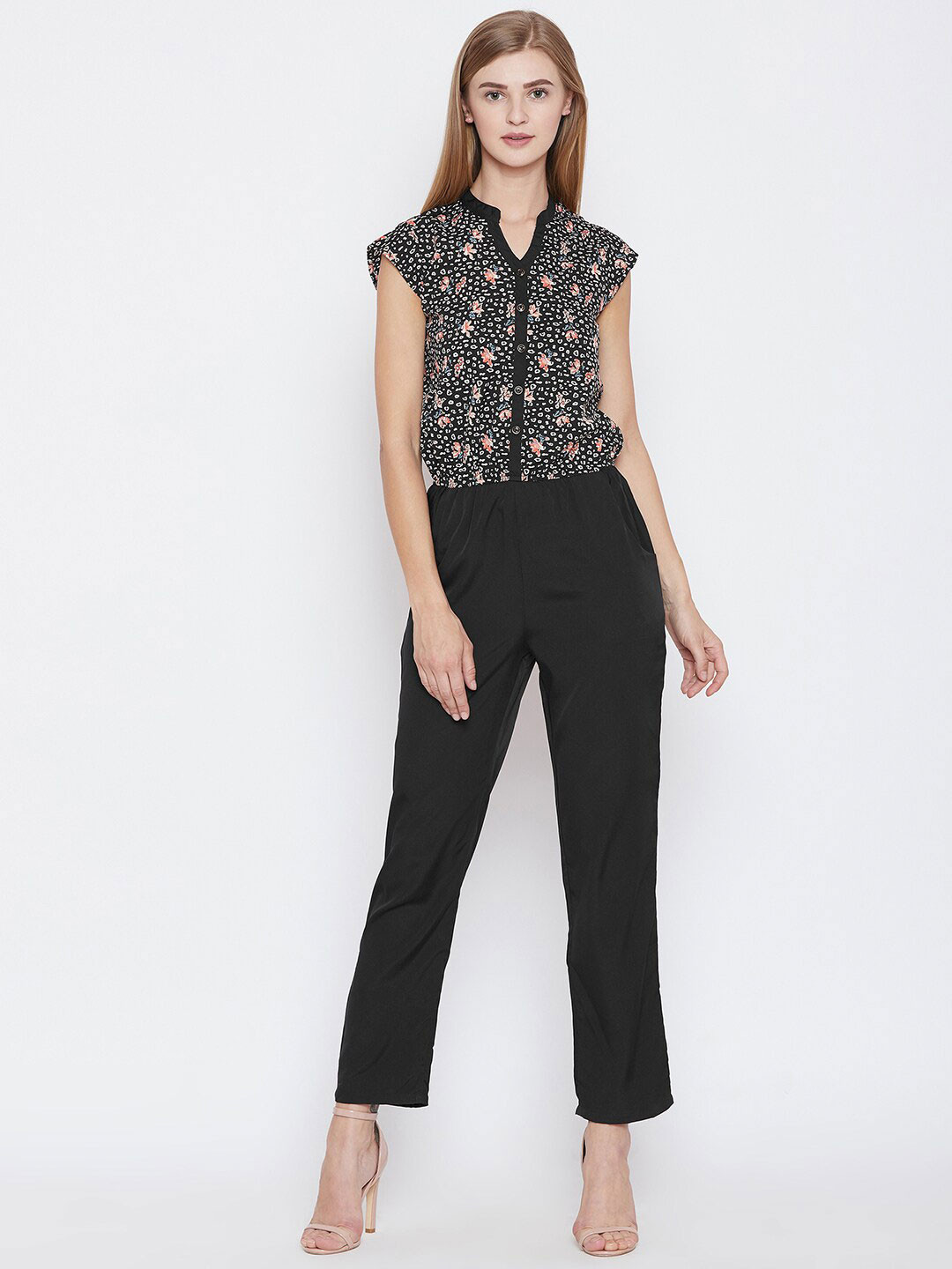 Ruhaans Black & White Printed Crepe Basic Jumpsuit