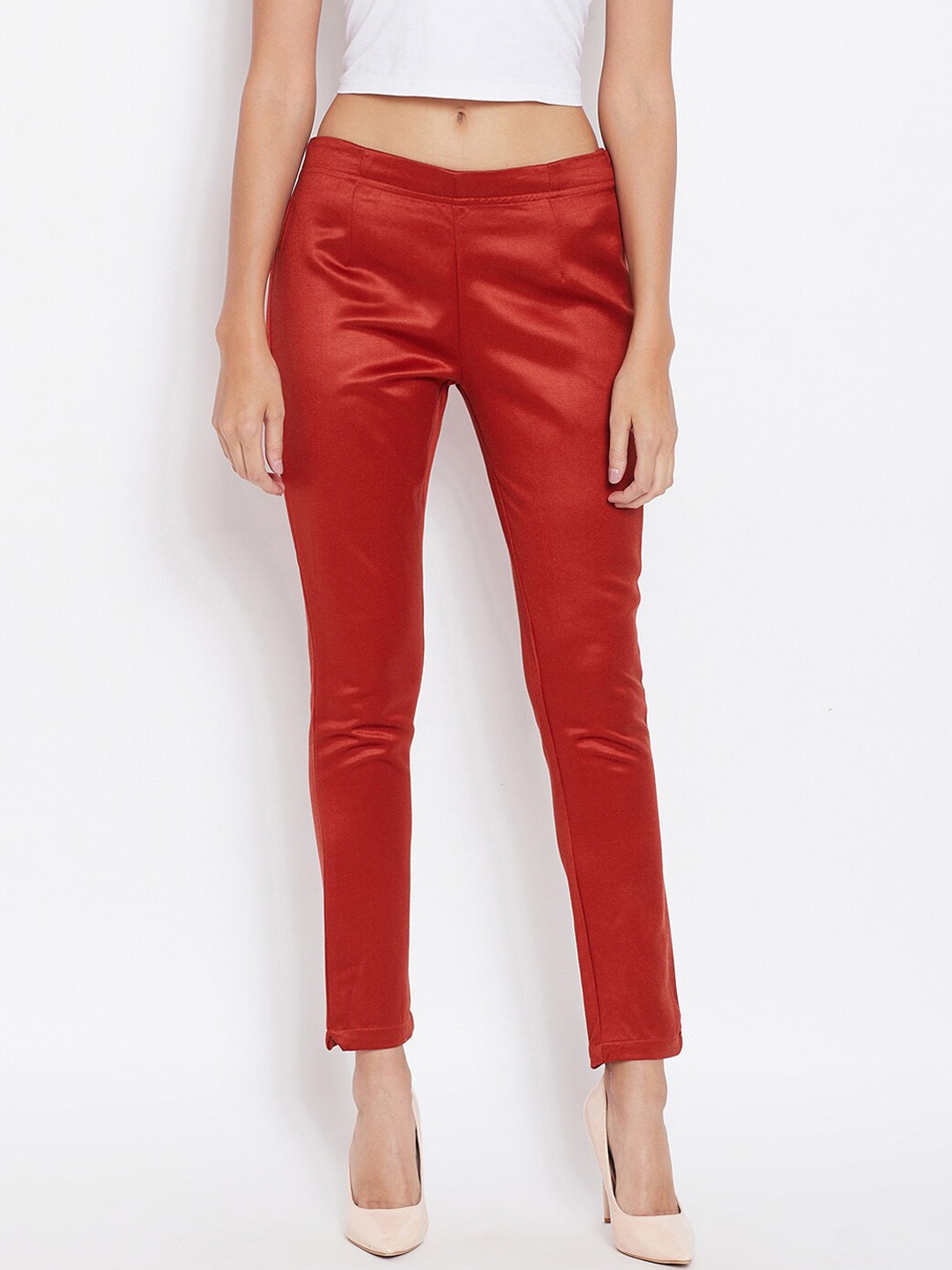 Ruhaans Women Red Smart Skinny Fit Chinos Trousers