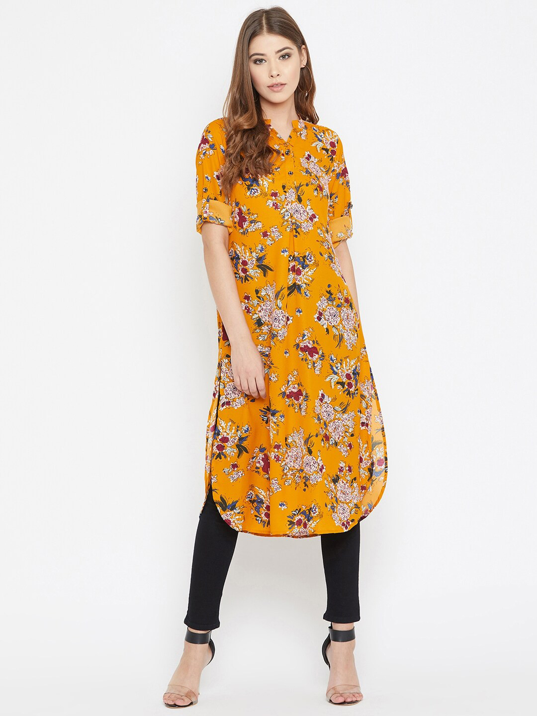 Ruhaans Mustard & Blue Mandarin Collar Printed Tunic