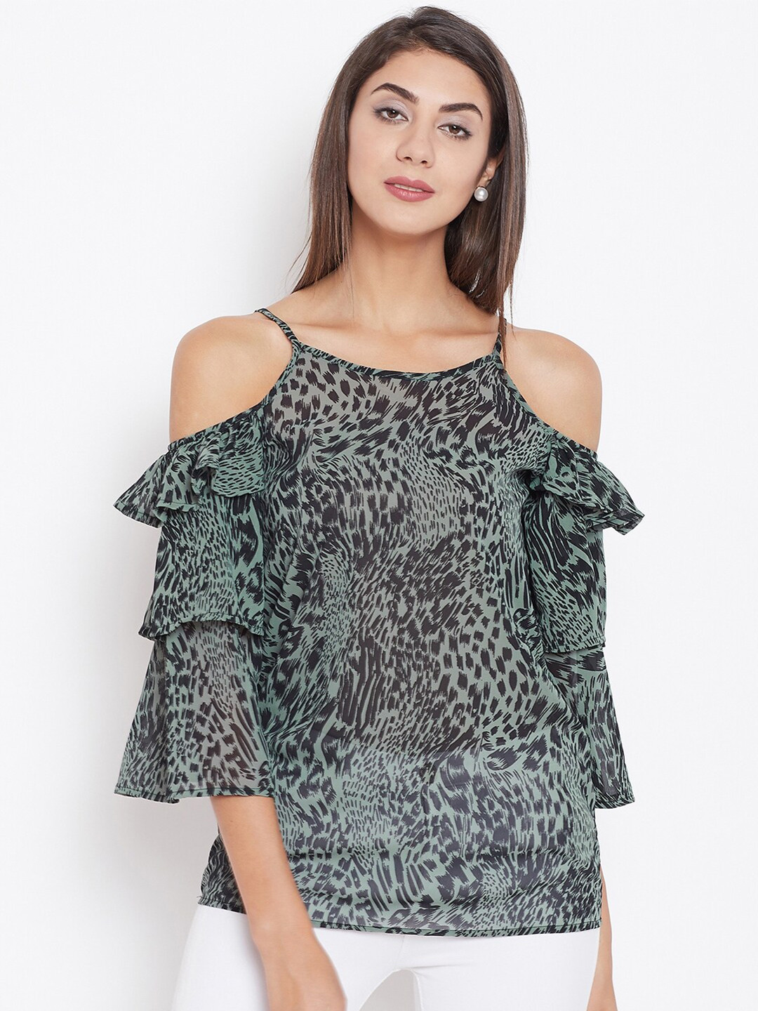 Ruhaans Green & slate gray Animal Print Crepe Top