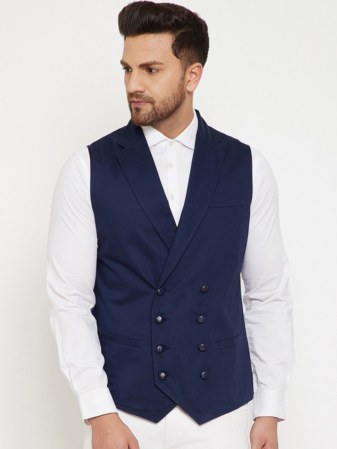 Hypernation Men Navy Blue Solid Double Breast Cotton Waistcoat