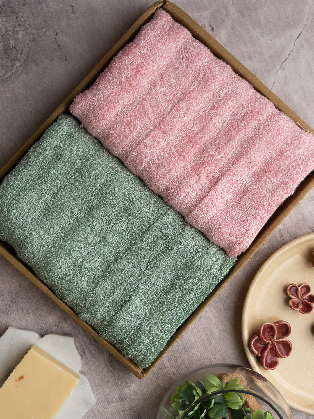 MUSH Set Of 2 Pink & Green Solid 300 GSM Ultra Soft & Eco Friendly Bamboo Hand Towel