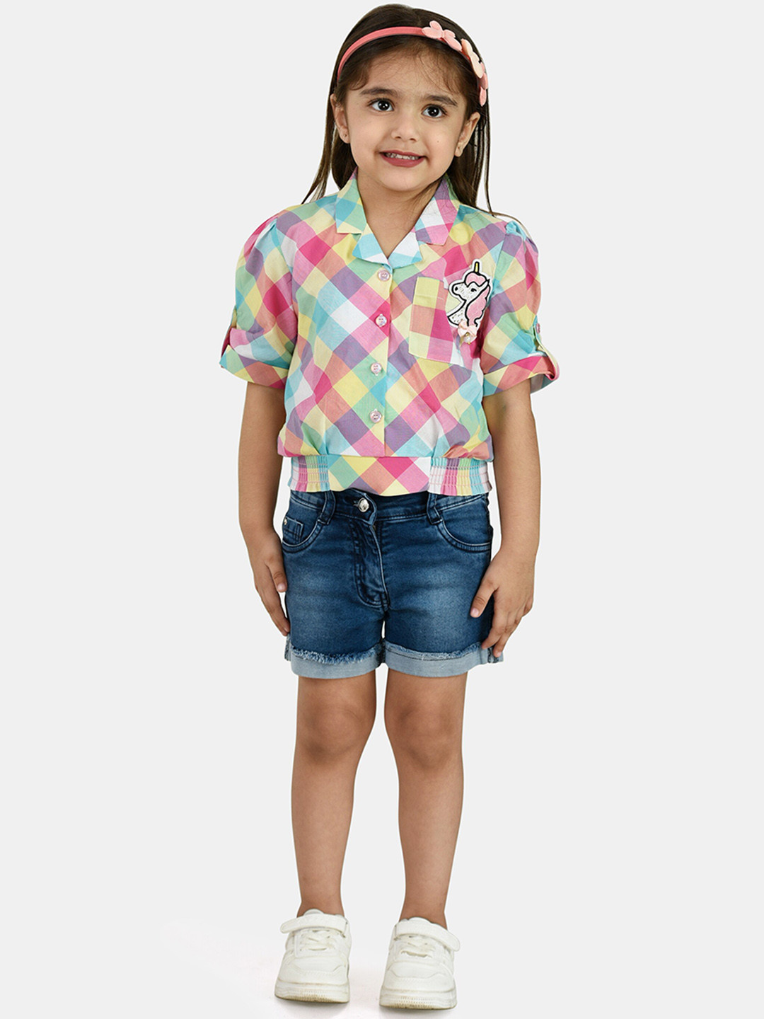 Peppermint Girls Pink & Blue Printed Shirt with Shorts