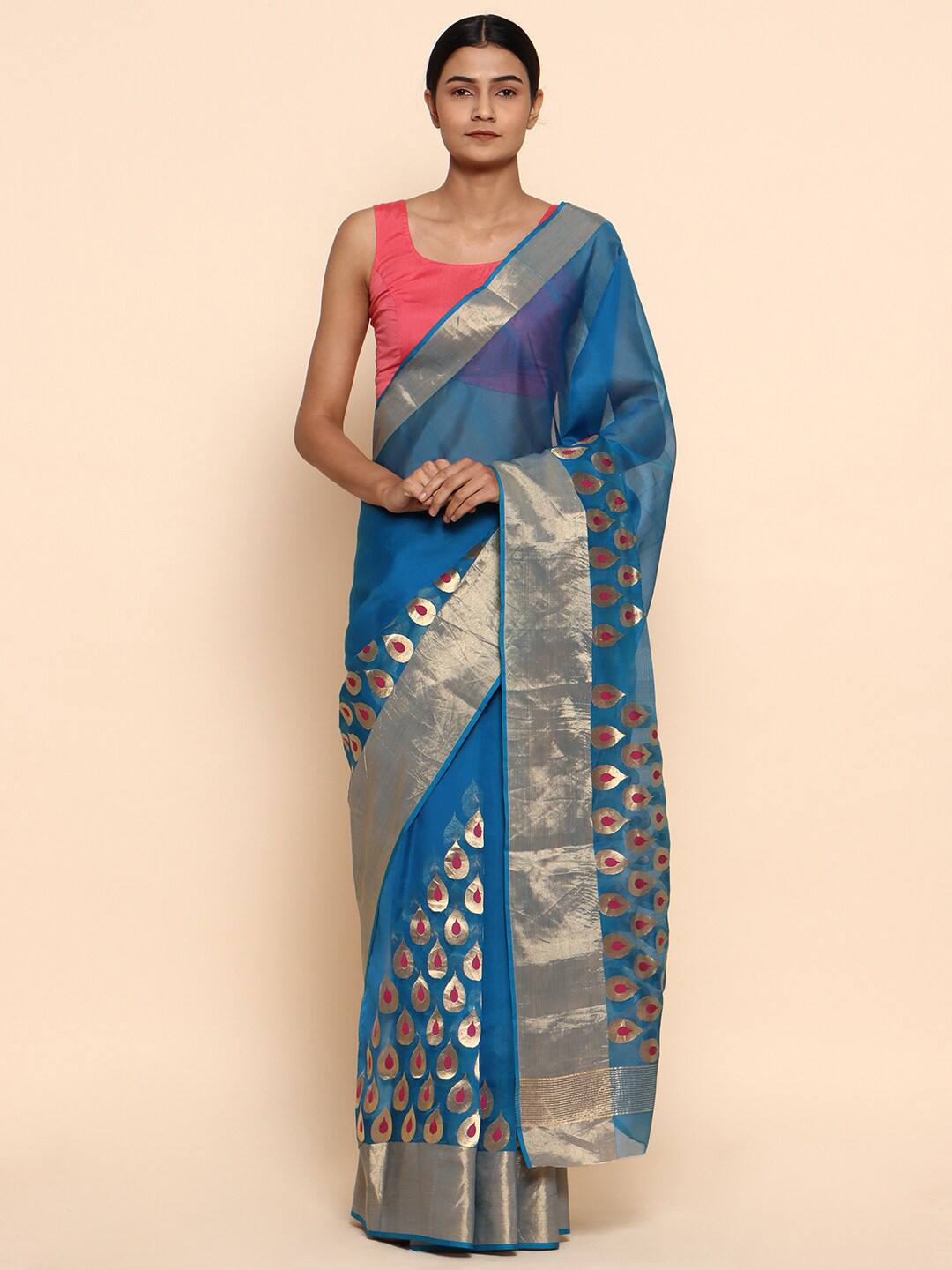 CHOWDHRAIN Teal & Gold-Toned Woven Design Zari Silk Cotton Heavy Work Chanderi Saree