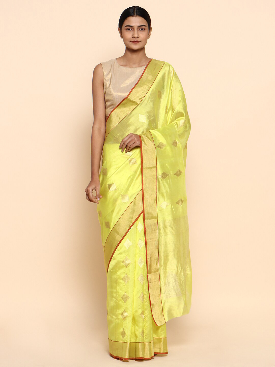 CHOWDHRAIN Yellow & Red Woven Design Zari Silk Cotton Chanderi Saree