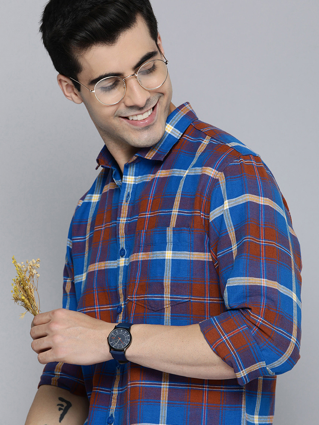 Mast & Harbour Men Blue Tartan Checks Opaque Cotton Linen Casual Shirt With Chest Pocket