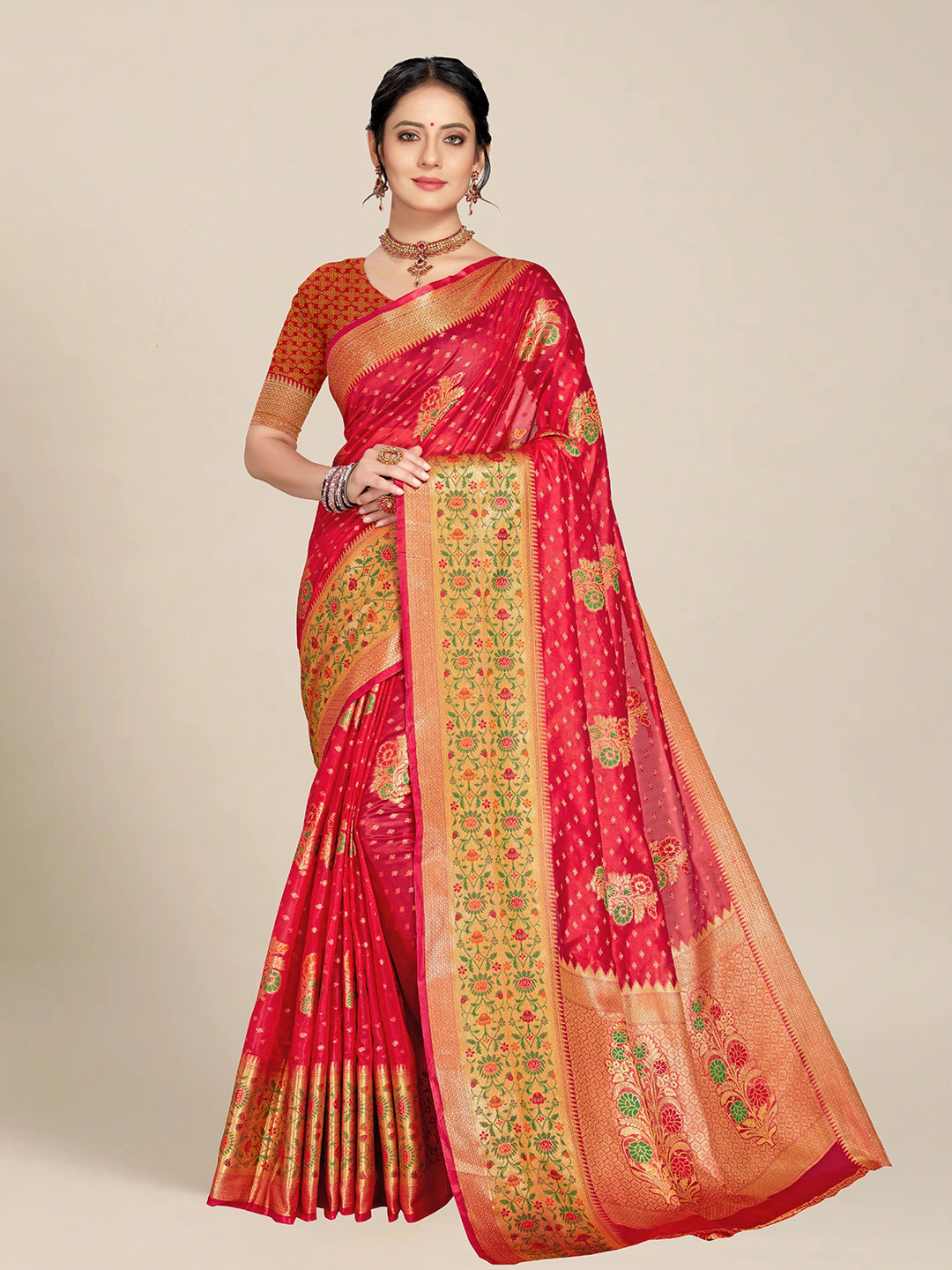 MS RETAIL Fuchsia & Green Woven Design Zari Organza Banarasi Saree