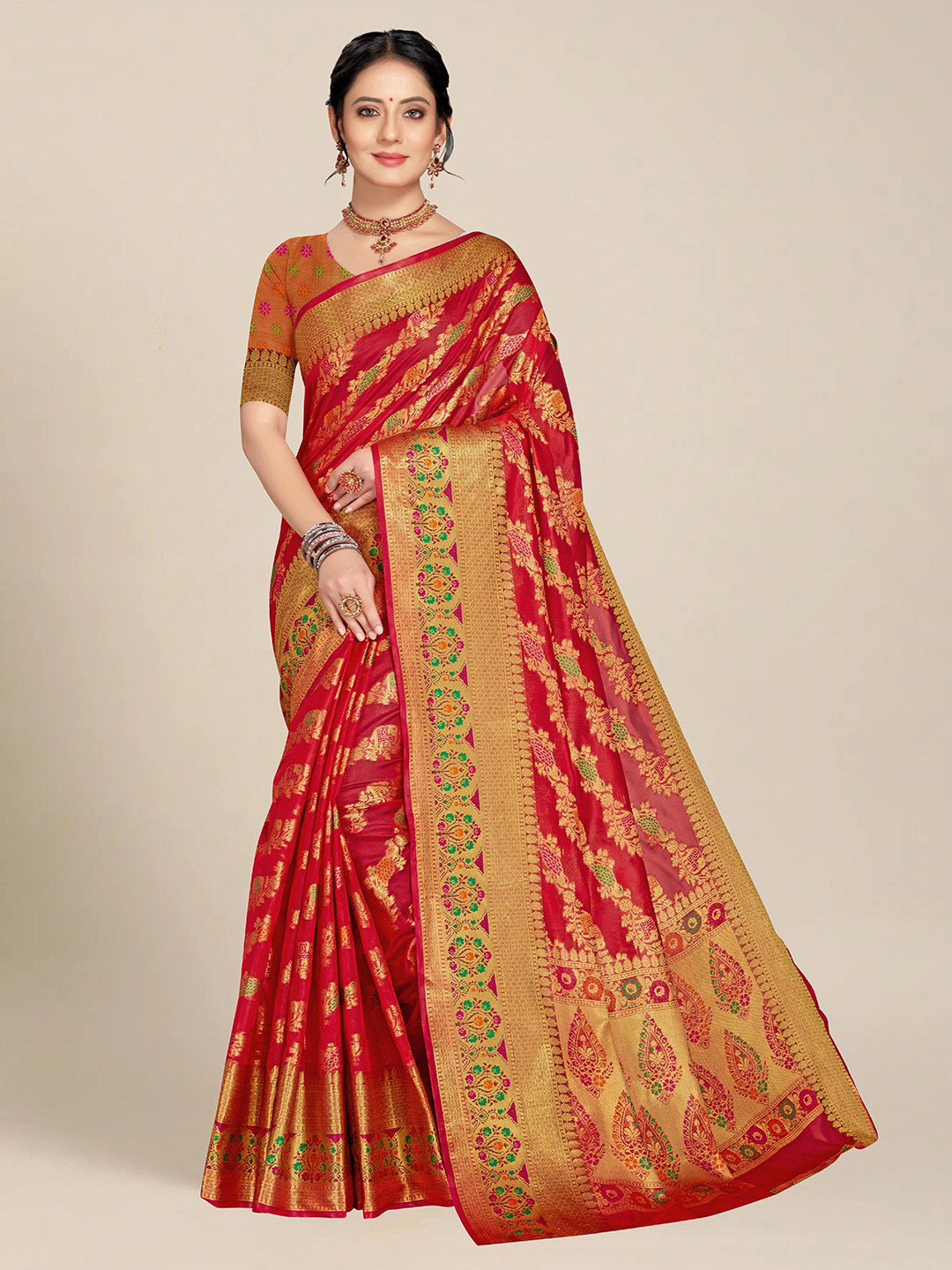 MS RETAIL Red & Green Floral Organza Banarasi Saree