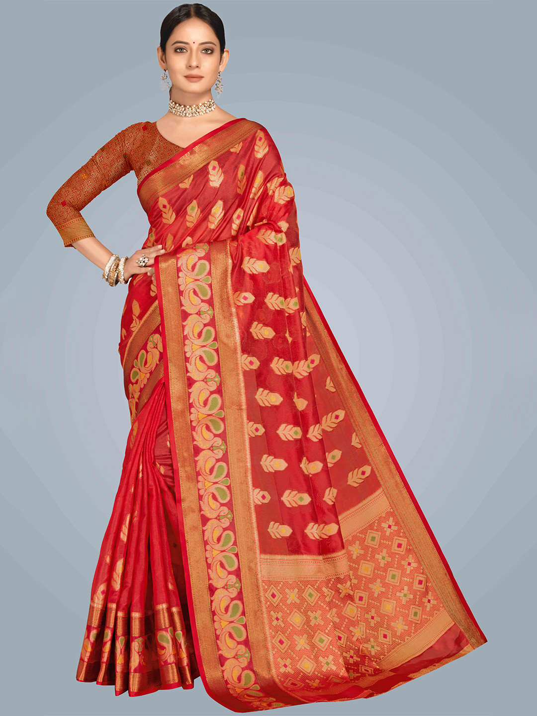 MS RETAIL Fuchsia & Golden Ethnic Motifs Zari Organza Banarasi Saree