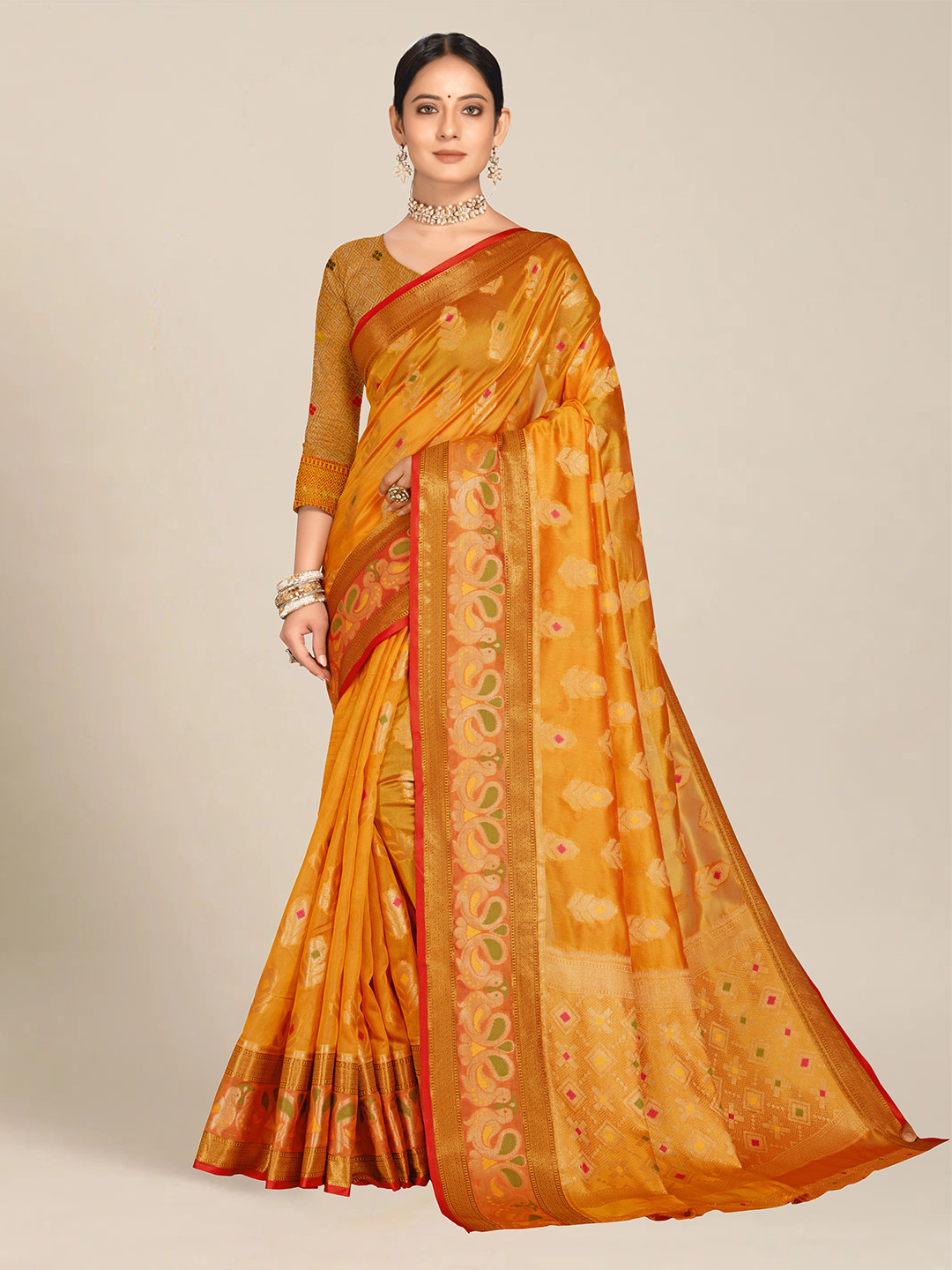 MS RETAIL Gold-Toned Ethnic Motifs Zari Organza Banarasi Saree