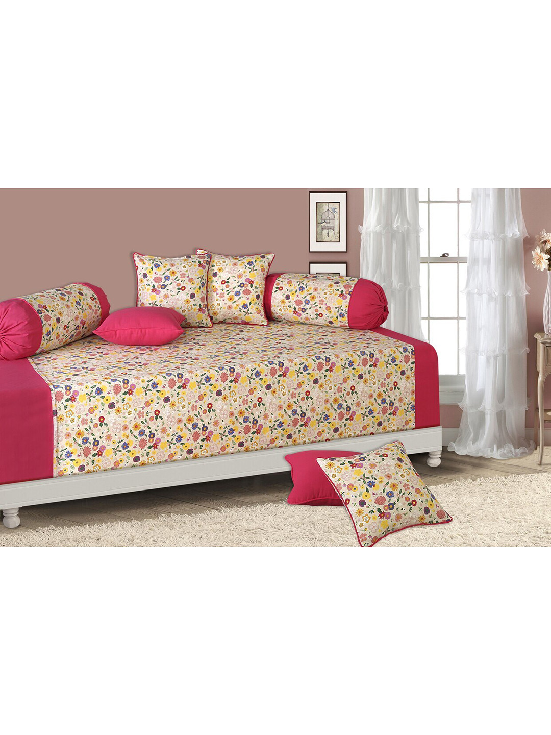 SHADES of LIFE Pink & Blue Floral 8-Pcs Cotton Bedsheet With Bolster & Cushion Covers