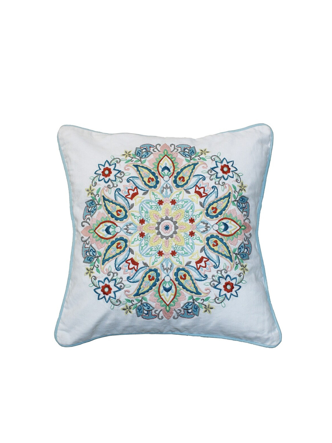 SHADES of LIFE White Ethnic Motifs Cotton Lightweight Cushion Cover - 16 x 16 Inches