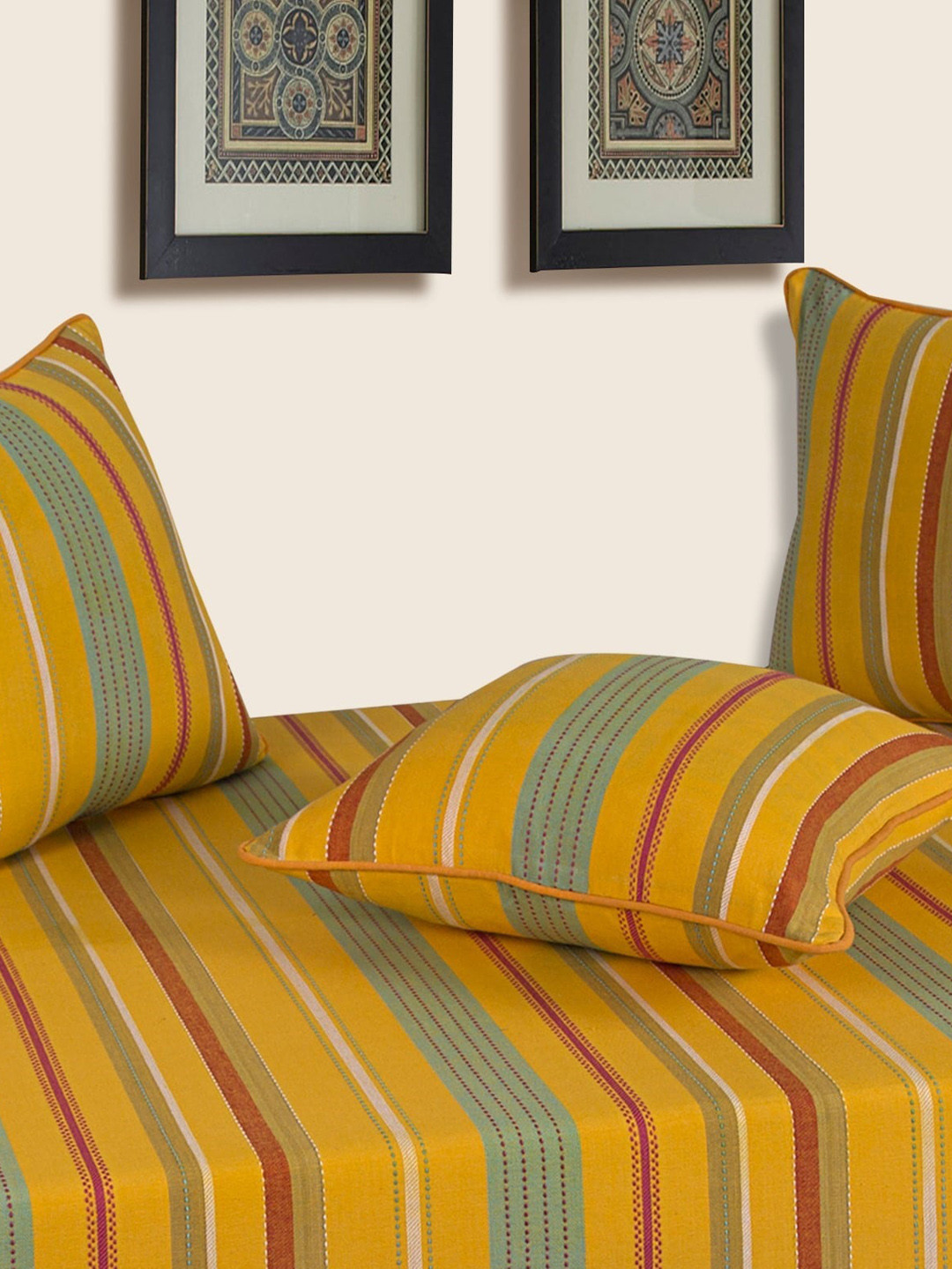SHADES of LIFE Yellow & Blue Striped 8-Pcs Cotton Bedsheet With Bolster & Cushion Covers