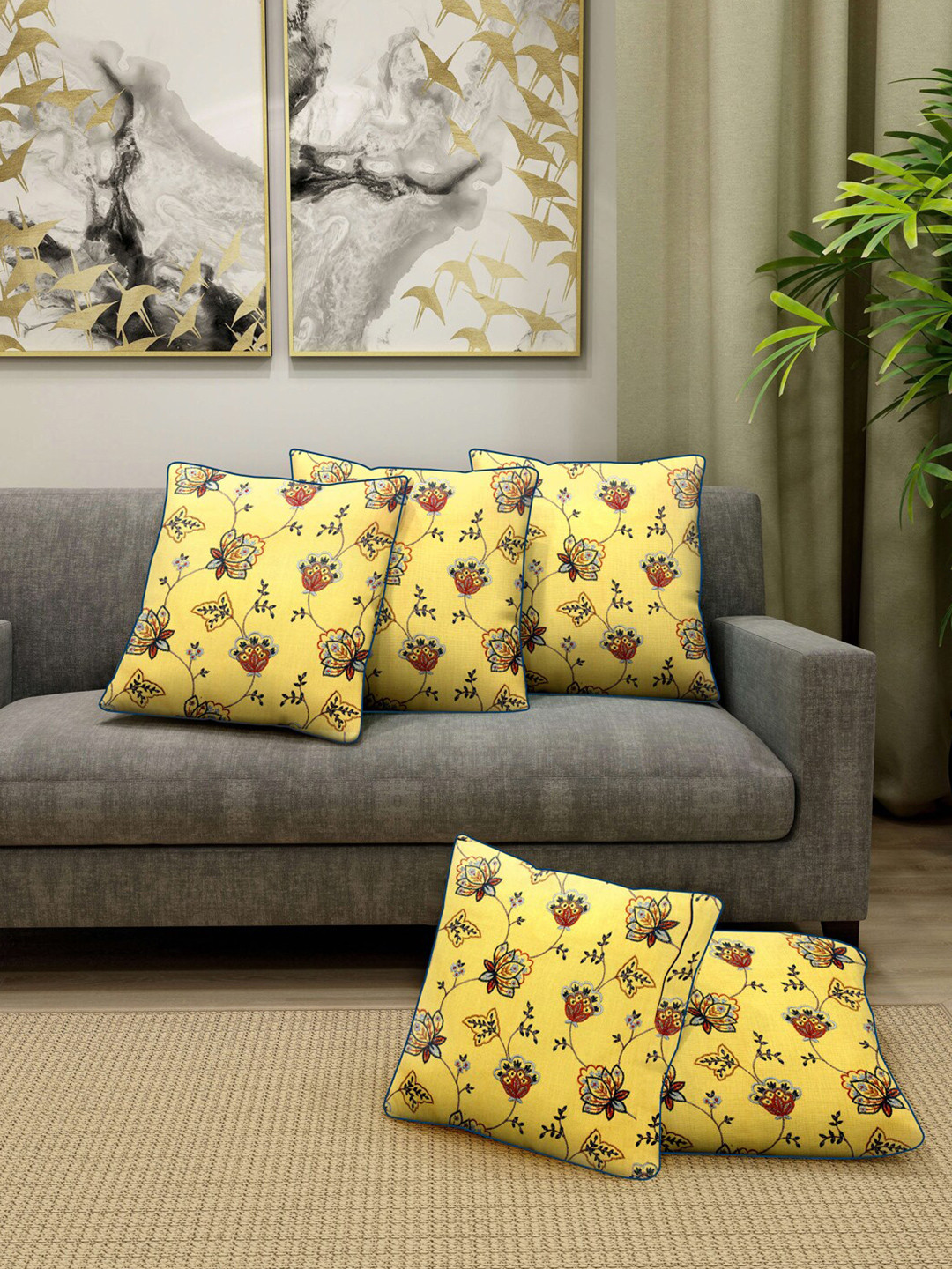 SHADES of LIFE Light-Weight Yellow Floral Cotton 5 Piece Square Cushion Covers -16x16In