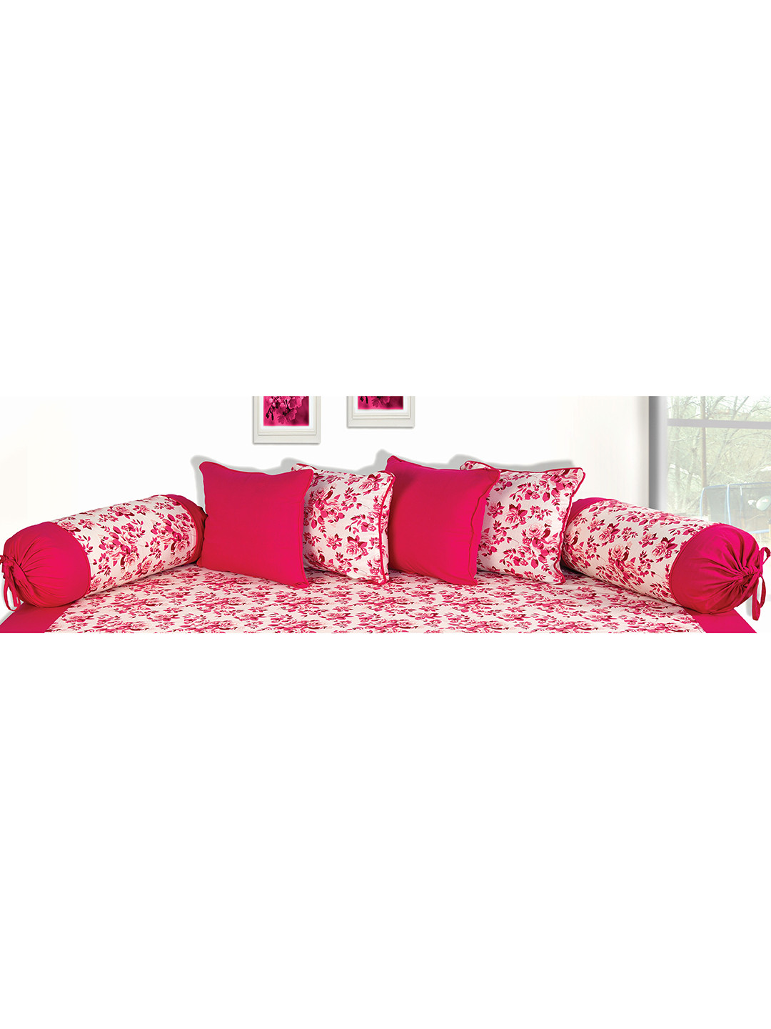 SHADES of LIFE White & Pink Floral 6-Pcs Cotton Bedsheet With Bolster & Cushion Covers