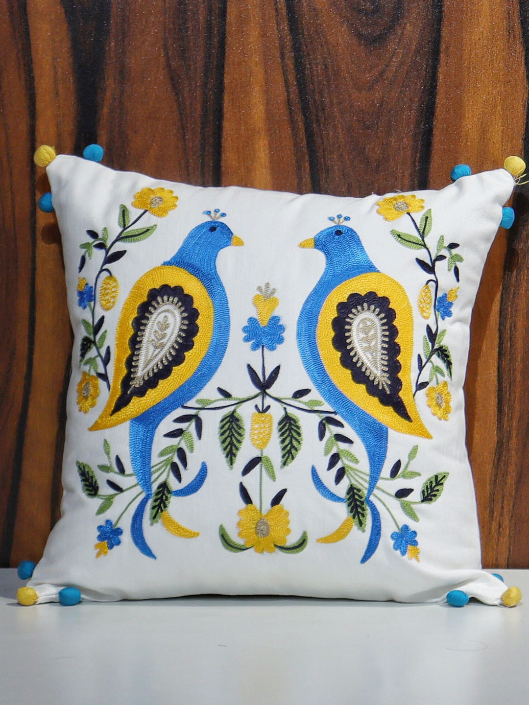 SHADES of LIFE Life Two Birds Ethnic Motifs Cotton Embroidered Cushion Covers - 16 x 16 In