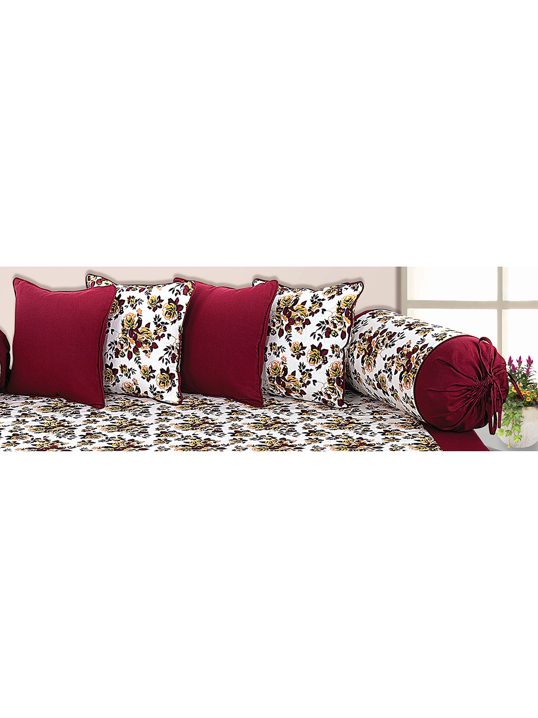 SHADES of LIFE Set Of 6 Maroon Printed Diwan Set With Bolsters & Cushions