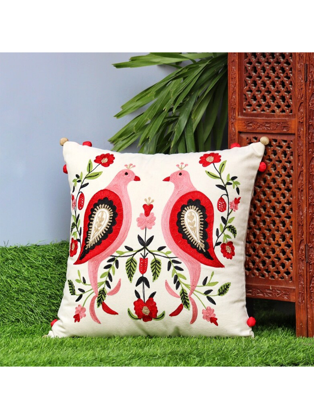 SHADES of LIFE Floral Polyester Silk Lightweight 2 Pcs Embroidered Cushion Covers -16x16In