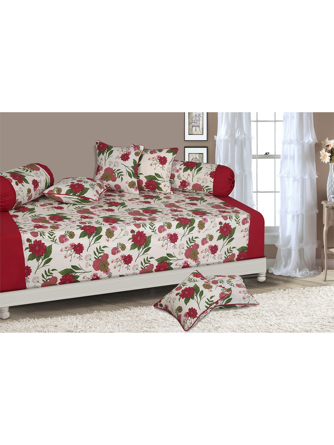 SHADES of LIFE White & Pink Floral 8-Pcs Cotton Bedsheet With Bolster & Cushion Covers