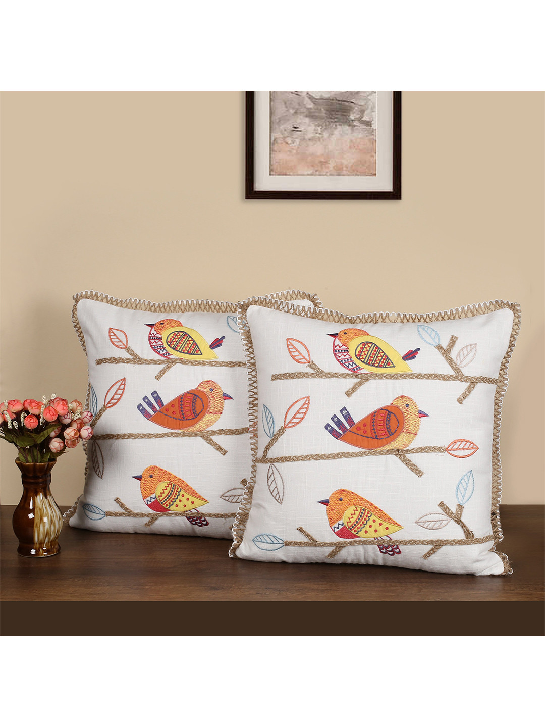 SHADES of LIFE Applique Quirky Cotton 2 Pcs Embroidered Cushion Covers - 16 x 16 In