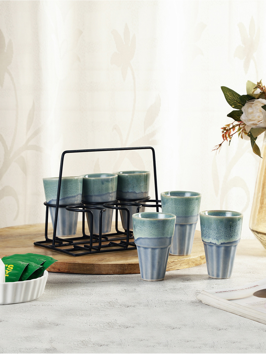 VarEesha Sea Green Ceramic Microwave Safe 6 Piece Tea Glass with Stand-130ml