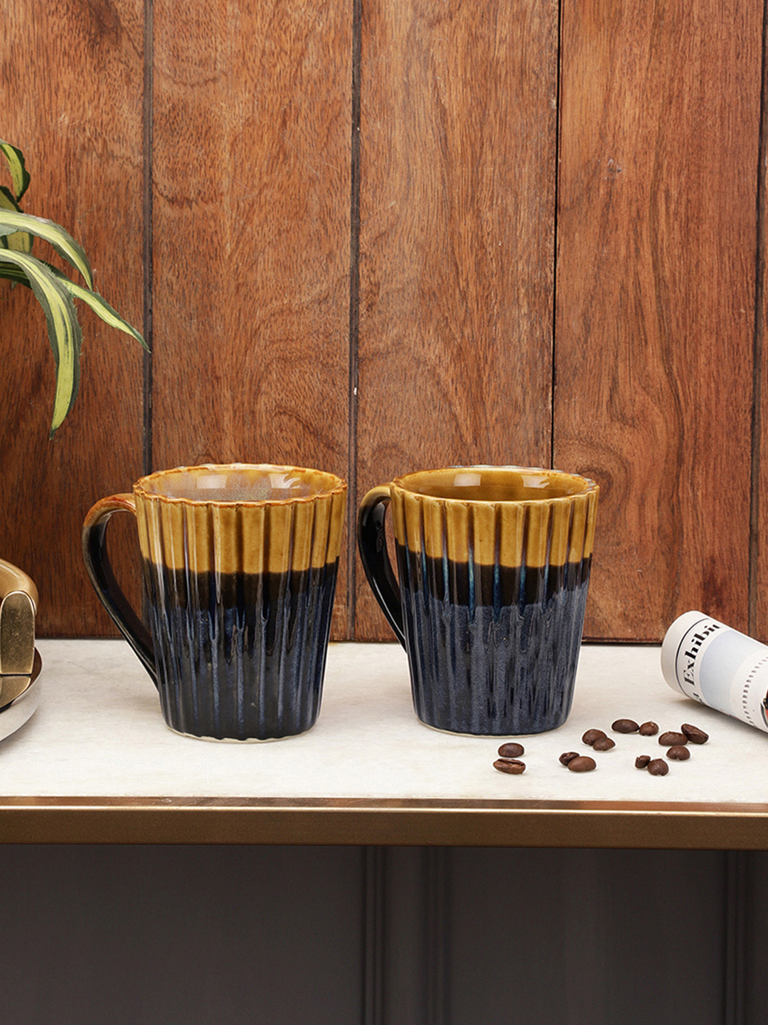 VarEesha Fancy Mustard Abstract Ceramic Handmade 2 Piece Mugs-325ml