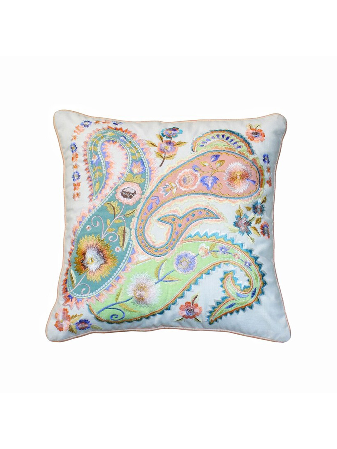 SHADES of LIFE Multicoloured Paisley Cotton Embroidered Square Cushion Cover -16x16In
