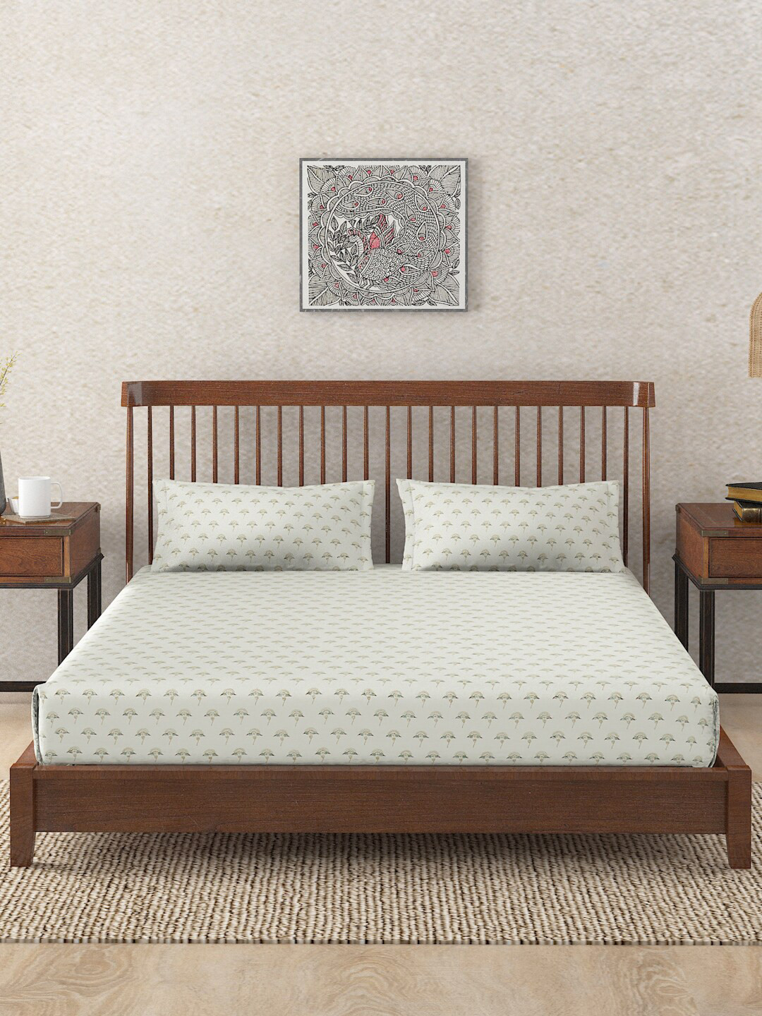 Fabindia Ihania Yellow Ethnic Motifs Cotton 110 TC Double Bedsheet with 2 Pillow Covers-59 x 98 inches