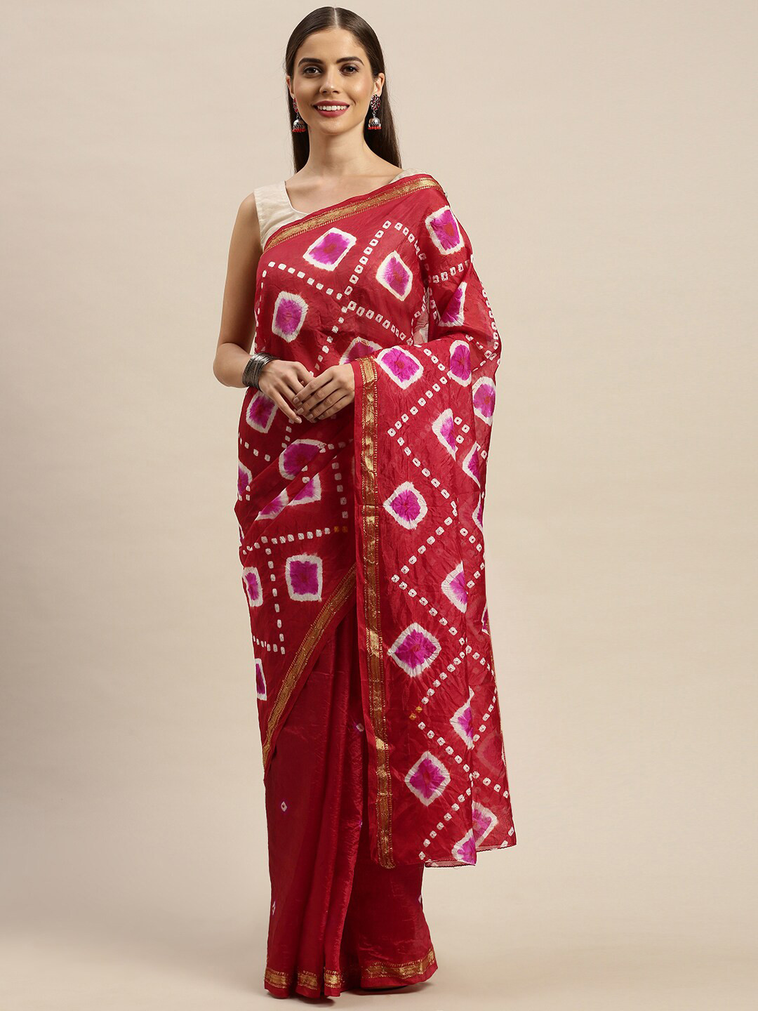 Geroo Jaipur Maroon & Pink Art Silk Bandhani Saree