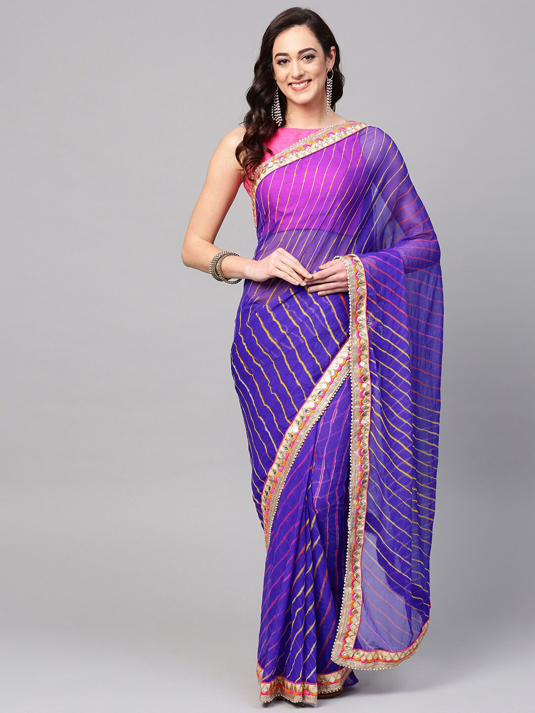 Geroo Jaipur Blue & Yellow  Georgette Leheriya Saree