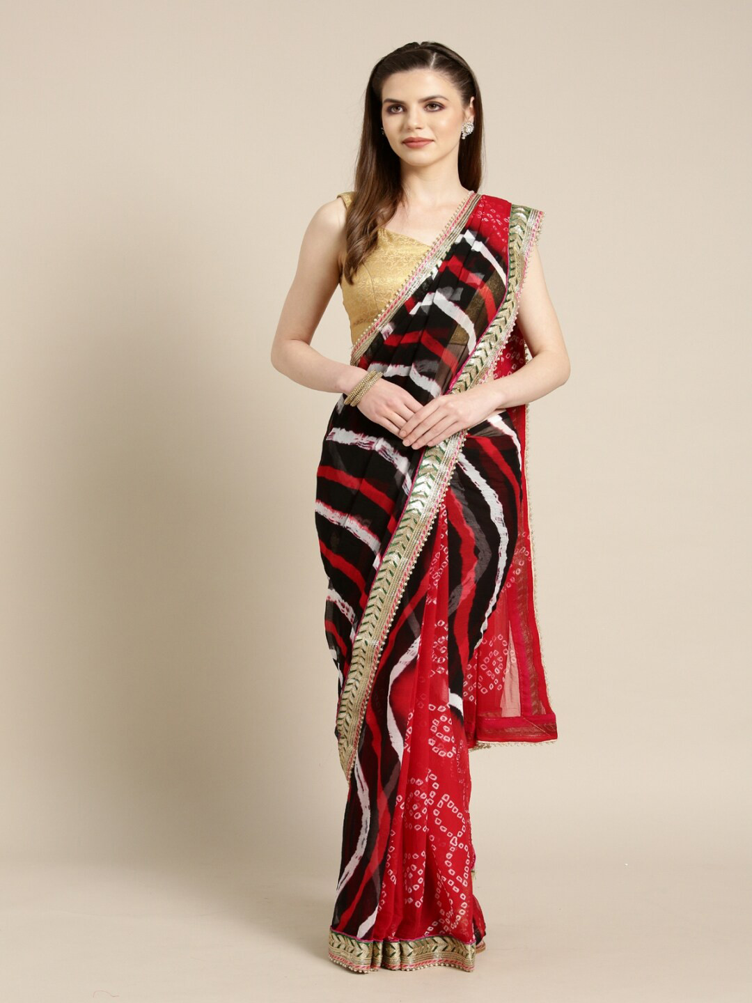 Geroo Jaipur Black & Red Dyed Chiffon Saree