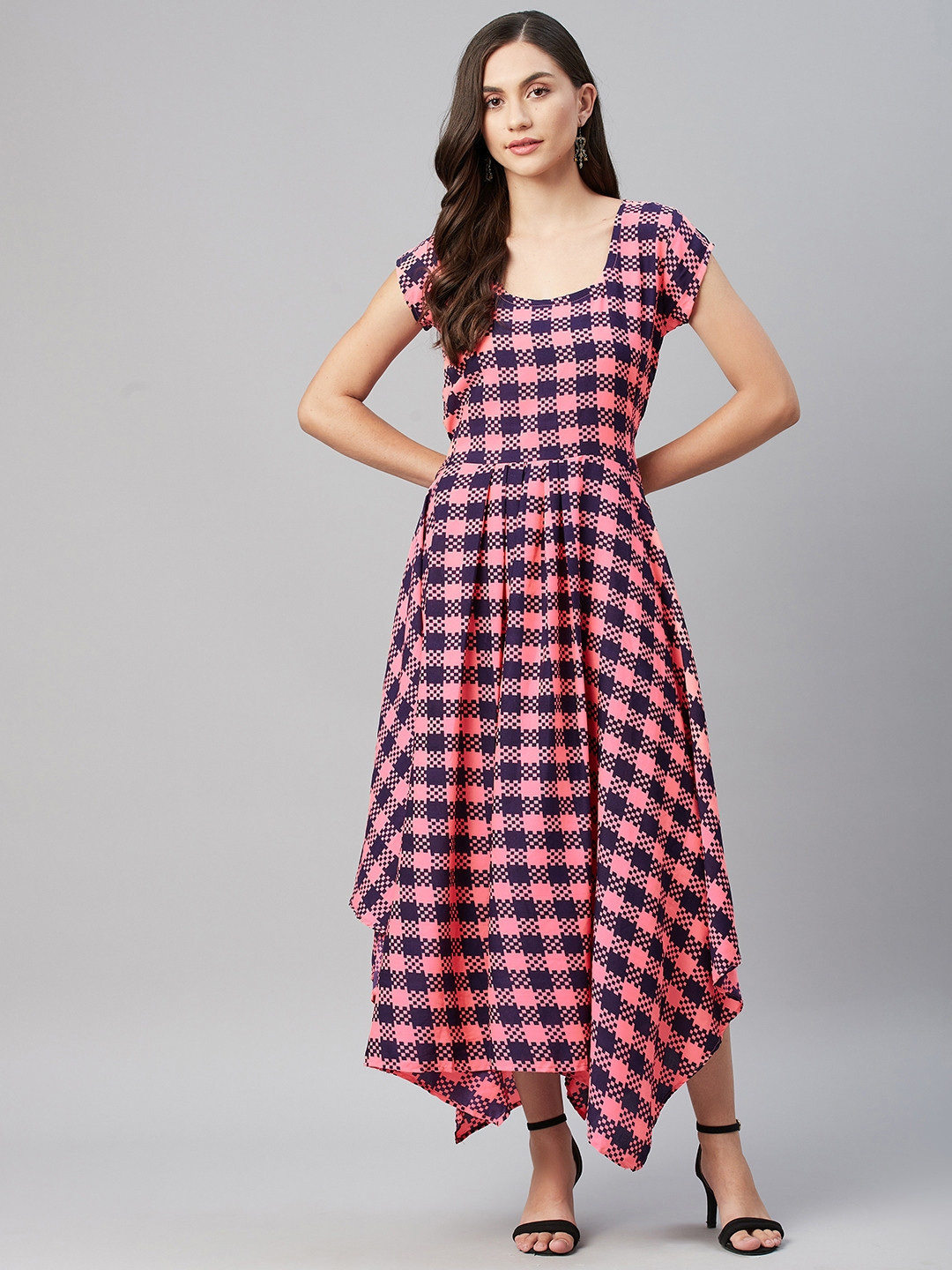 MBE Pink & Navy Blue Checked Crepe Midi Dress