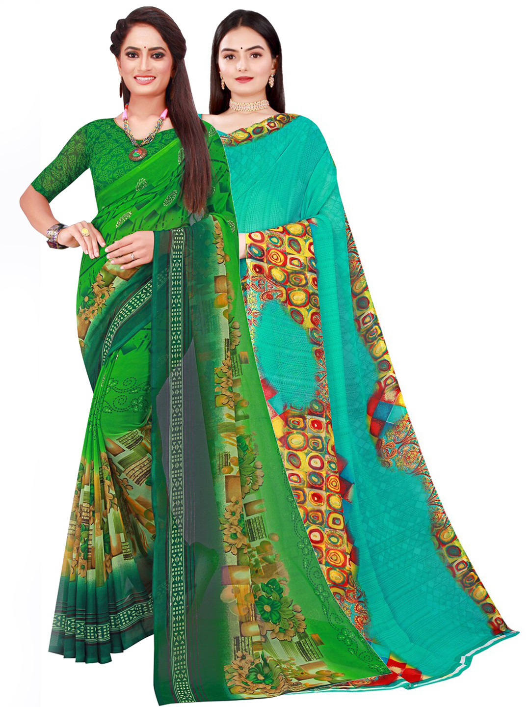 SAADHVI Green & Turquoise Geometric Printed Blue Pack of 2 Pure Georgette Saree