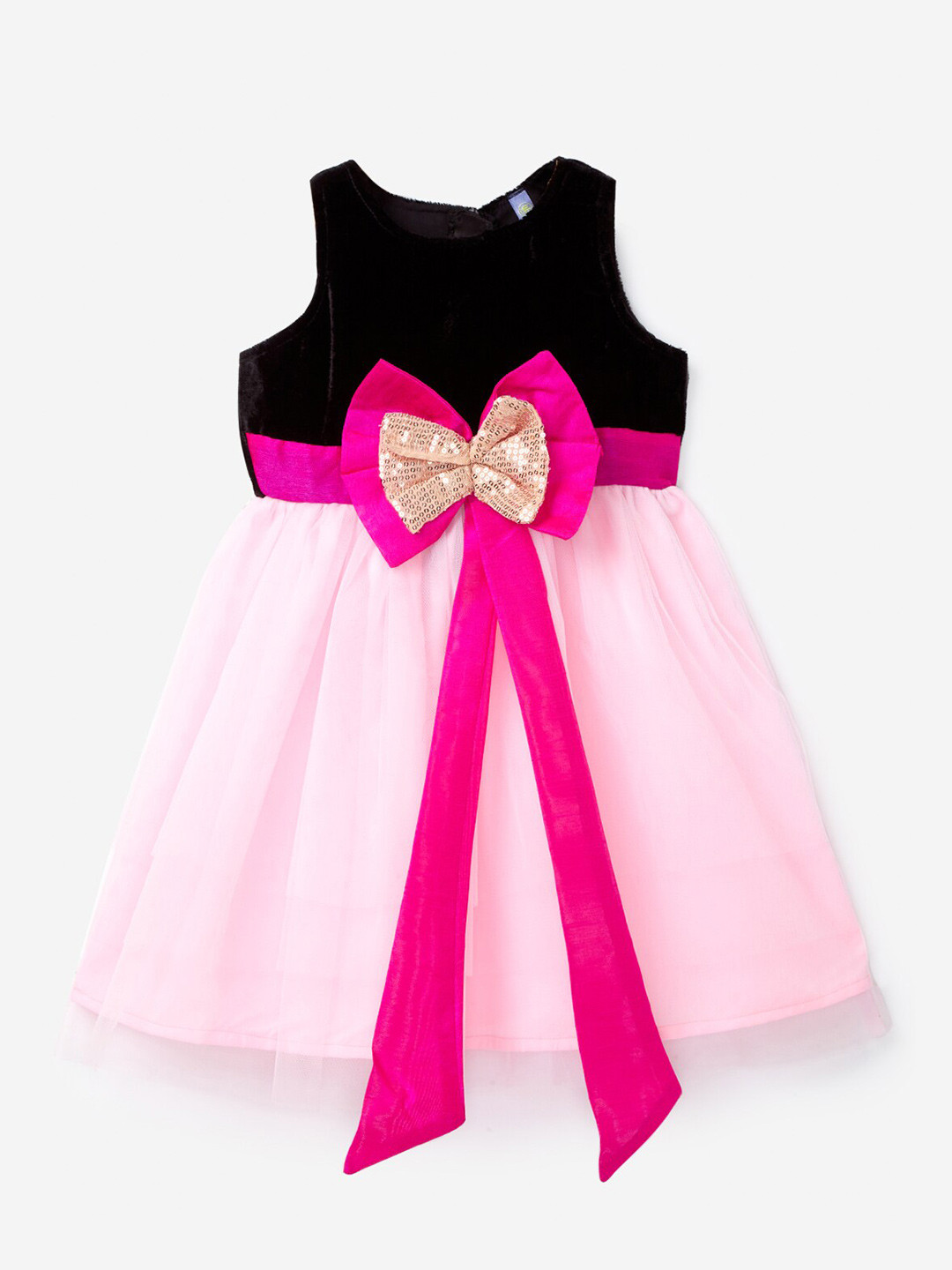 YK Girls Pink Colourblocked Net A-Line Dress