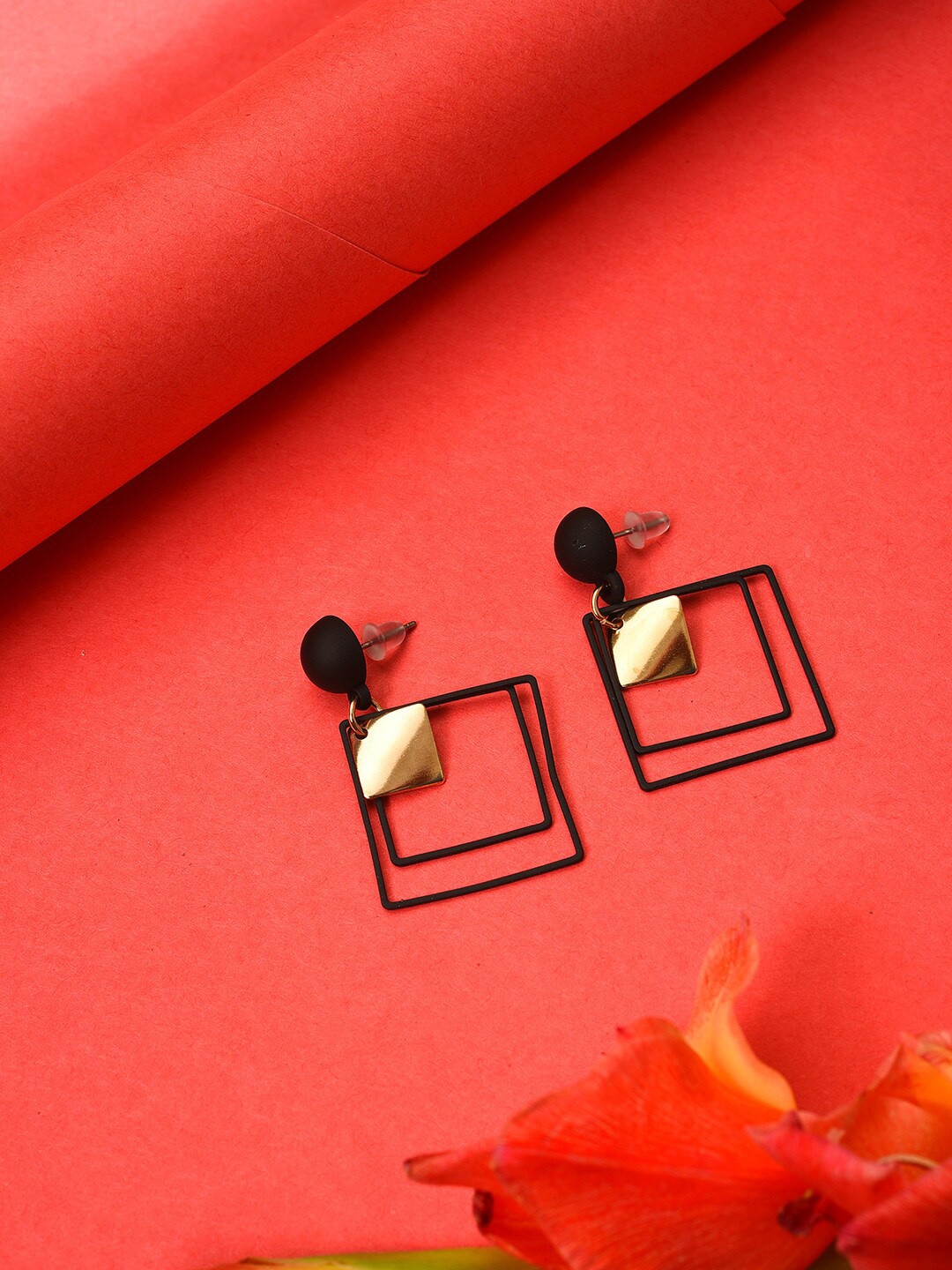 SOHI Women Black & Gold-Toned Trendy Square Drop Earrings