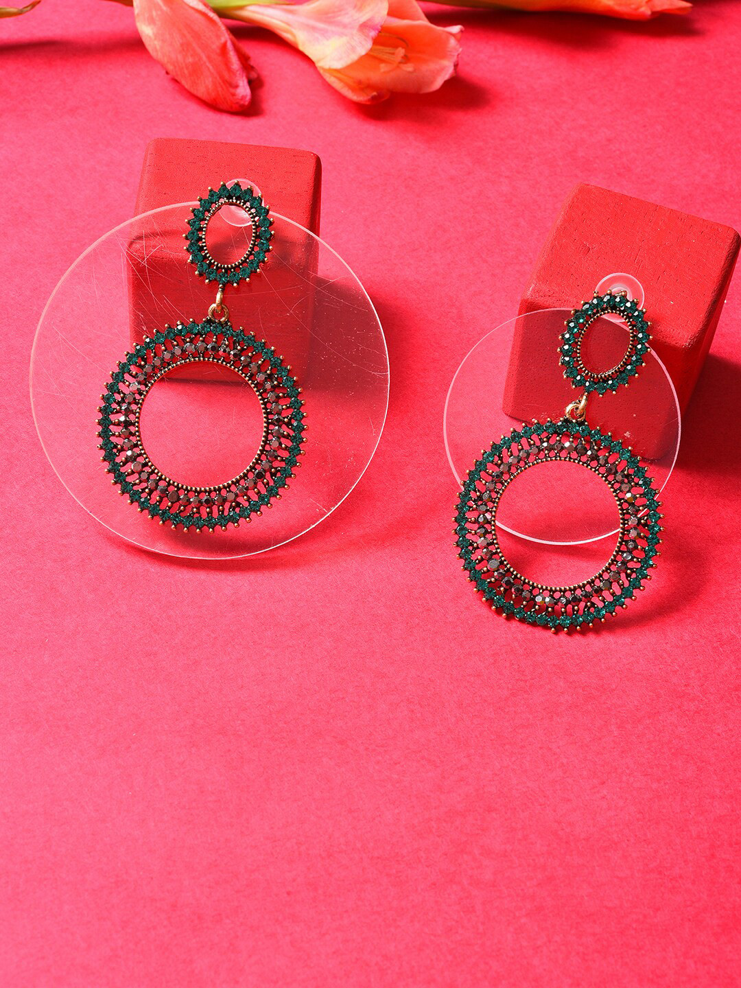 SOHI Women Green Circular Gold Plated Designer Stone Drop  Earrings