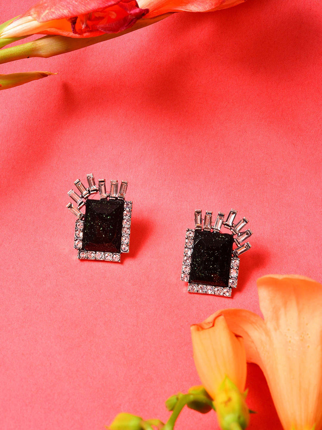 SOHI Women Black Designer Stone Silver Plated Studs Earrings