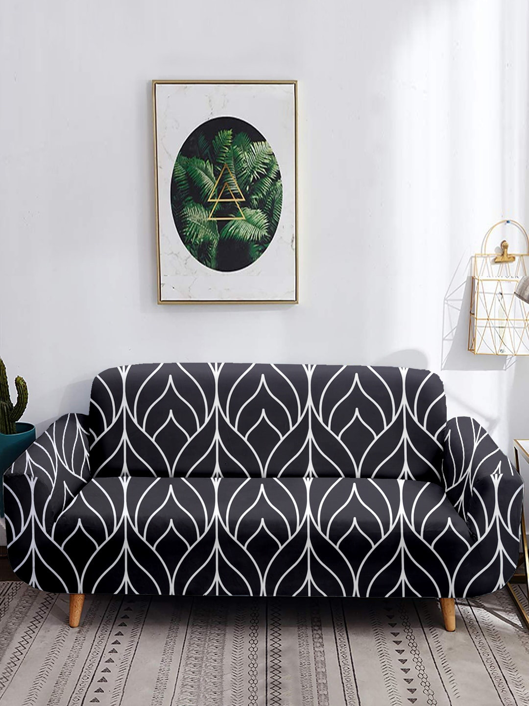 Cortina Black Leaf Polyester Anti Slip Straight 3 Seater Sofa Cover-57x73In